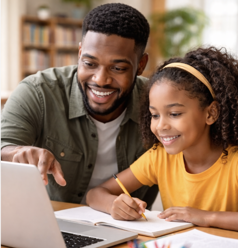 Black family learning together